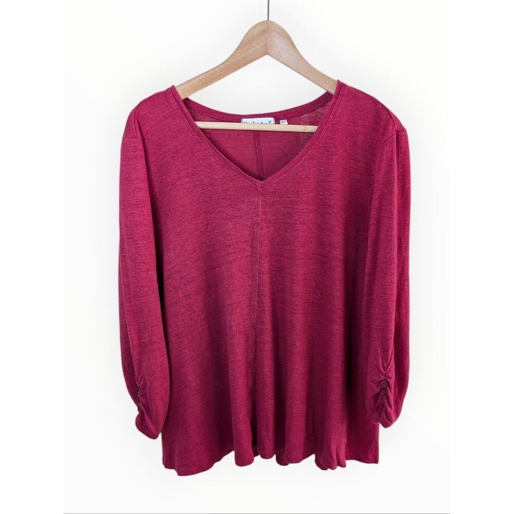 Habitat Womens V-Neck Linen Knit Top in Berry Small